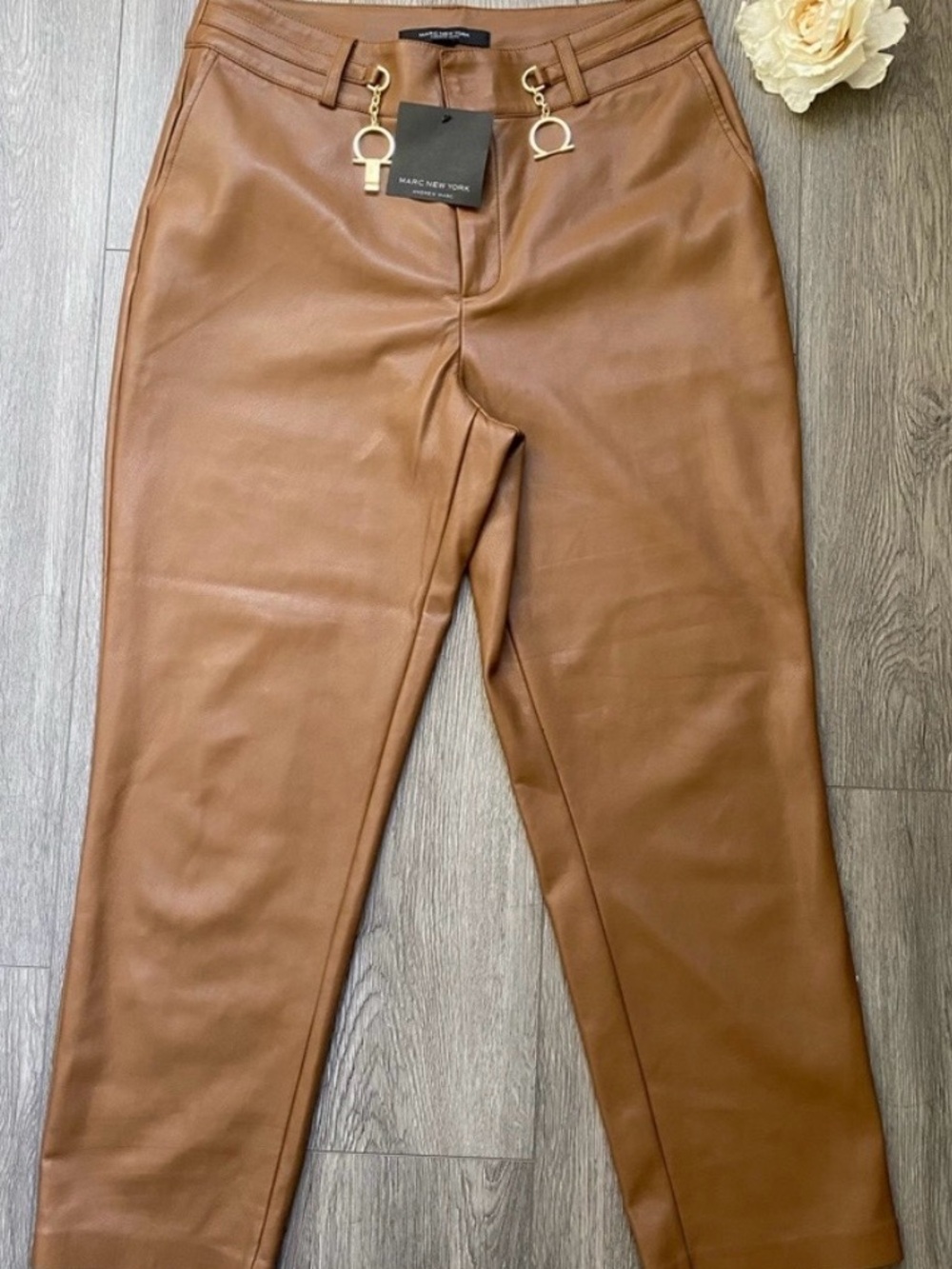 Andrew Marc New York, Designer vegan leather ankle pants caramel.